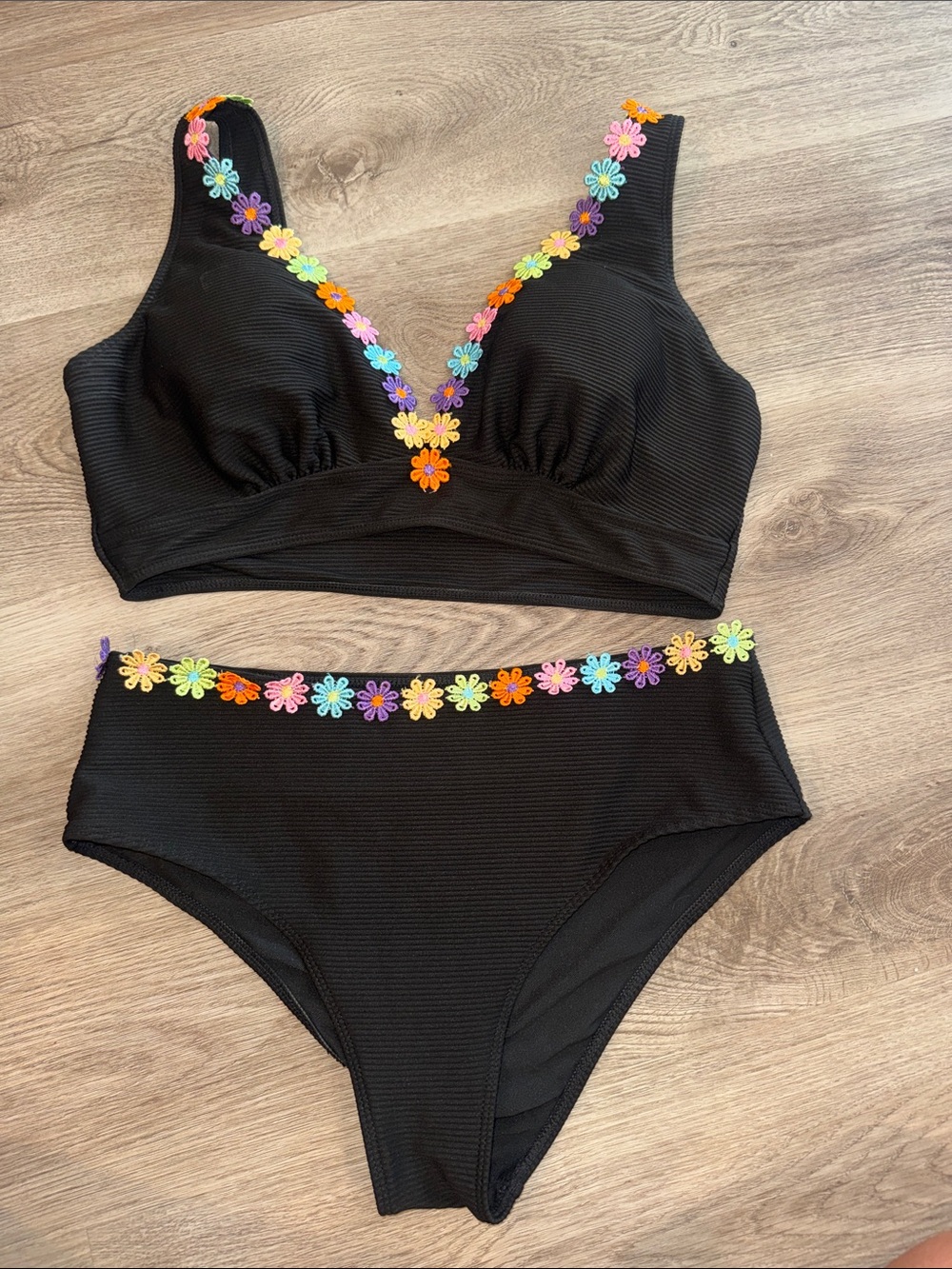 Black Two-Piece Bikini with Multicolor Daisy Trim